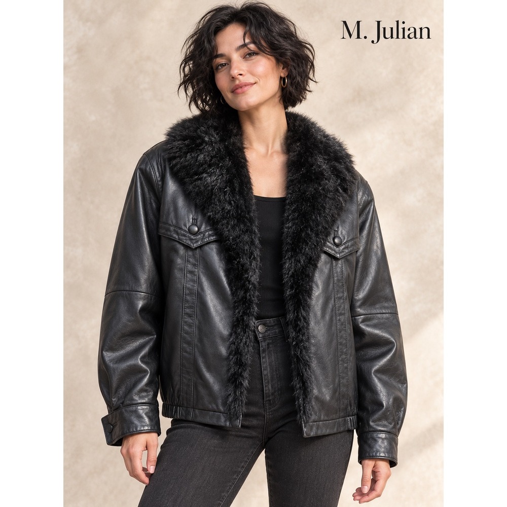 M. Julian Vintage Black Genuine Leather Jacket Genuine Fur Vest Size 36
